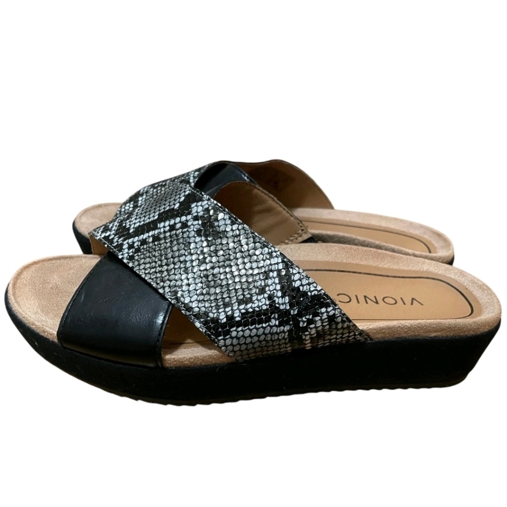 Vionic Women's  Hayden Black Snake Skin Leather Criss Cross Slide Sandal 8 - Picture 3 of 8